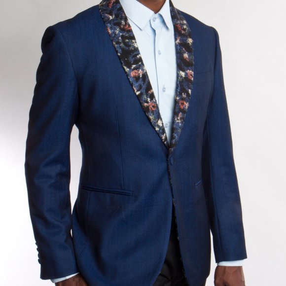 Tazio Mens Jacket Blazer w/ Floral Patterned Shawl Collar, Blue